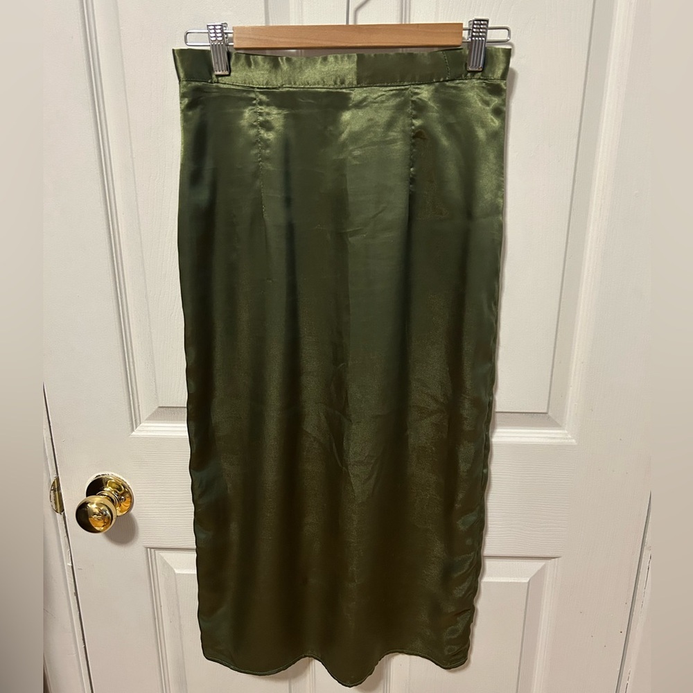 Elegant Olive Green Satin Skirt